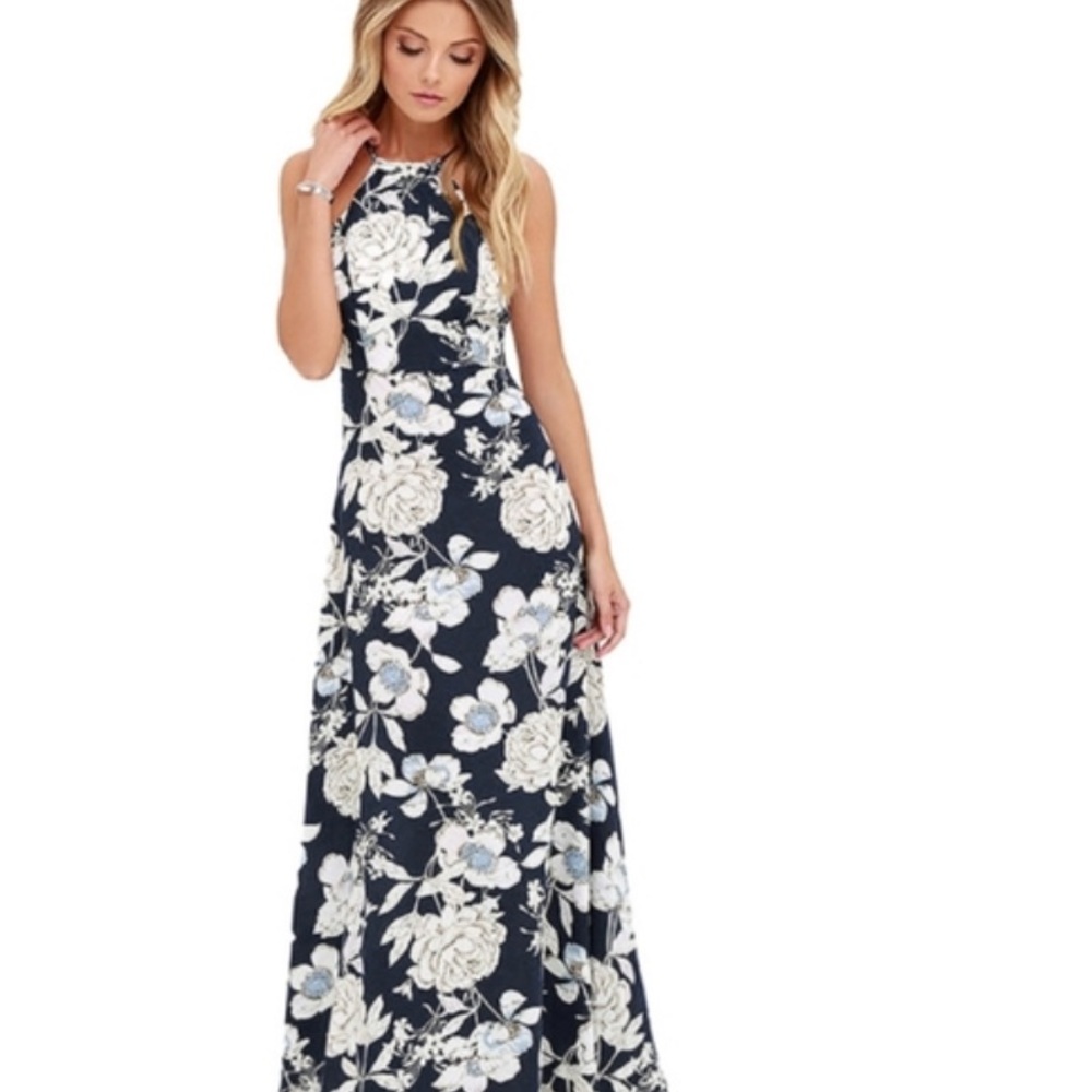 Anself Dress Womens Small Black Floral Maxi Sleeveless Halter Neck